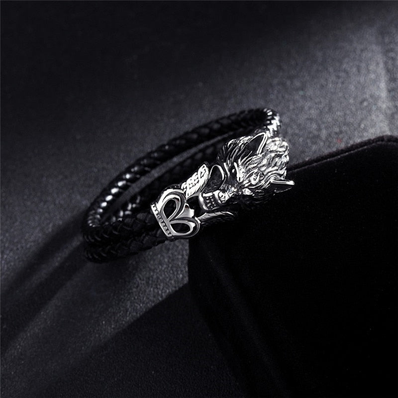 Fashion Men Jewelry Titanium Steel Wolf Head Bracelet High Quality Leather Woven Wristband Charm Bracelet Antique Jewelry Gifts