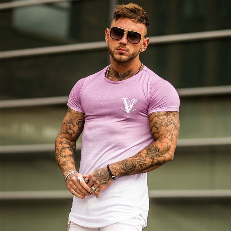 Gradient color Fashion T Shirt Men Fast compression Breathable Mens Short Sleeve Fitness Mens t-shirt Gyms Tee Tight Casual Top