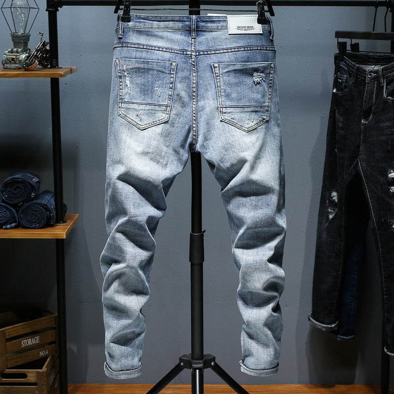 Ripped Jeans For Men Skinny Slim Fit Light Blue Spring 2021 New Frayed Streetwear Hip Hop Denim Pants Patchwork Men&#39;s Trousers