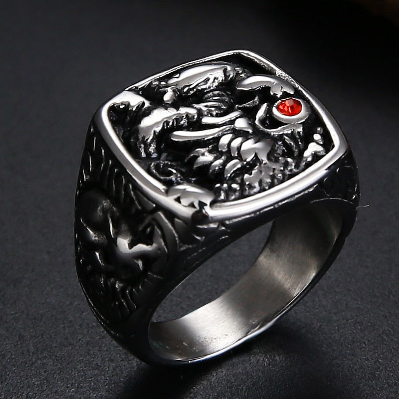 Valily Men Gold Black Ring Gold Raising Dragon With Red Stone Eye Ring Vintage Stainless Steel Punk Finger Ring Jewelry For Men