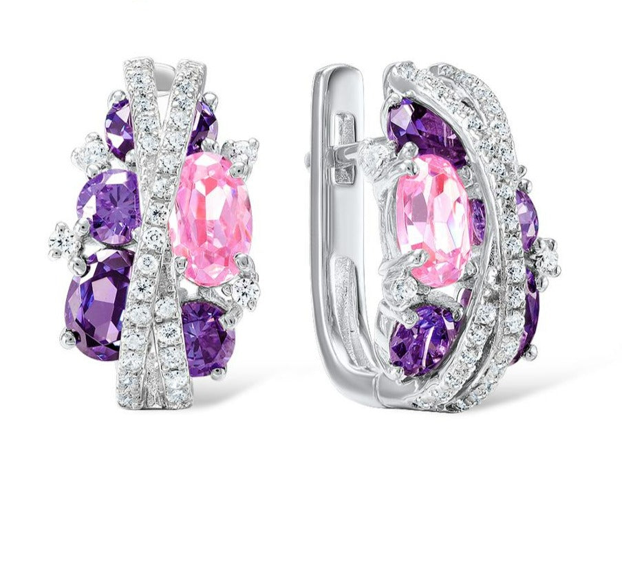 SANTUZZA 925 Silver Jewelry Set for Women Sparkling Purple Amethyst Pink Cubic Zirconia Earrings Ring Set Luxury Fine Jewelry