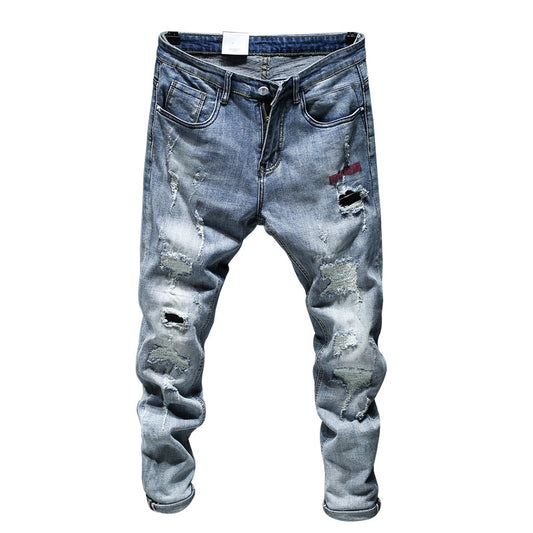 Ripped Jeans For Men Skinny Slim Fit Light Blue Spring 2021 New Frayed Streetwear Hip Hop Denim Pants Patchwork Men&#39;s Trousers