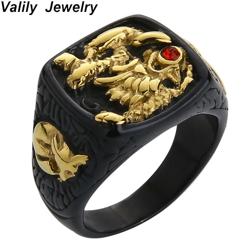 Valily Men Gold Black Ring Gold Raising Dragon With Red Stone Eye Ring Vintage Stainless Steel Punk Finger Ring Jewelry For Men