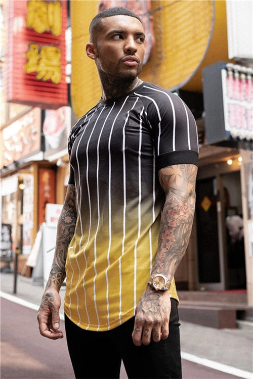 new brand men's stylish cool T-shirt, men's casual style striped hip-hop short sleeve street element printed top, wholesale