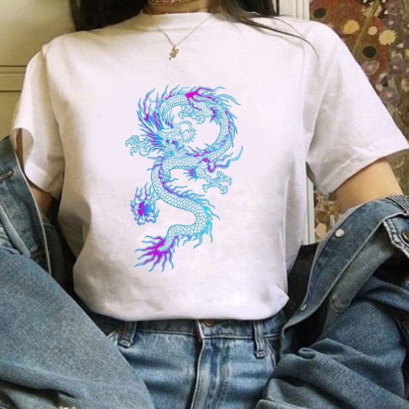 Summer Women T-shirt Dragon Pattern Printed Tshirts Casual Tops Tee Harajuku 90s Vintage White Tshirt Female Clothing