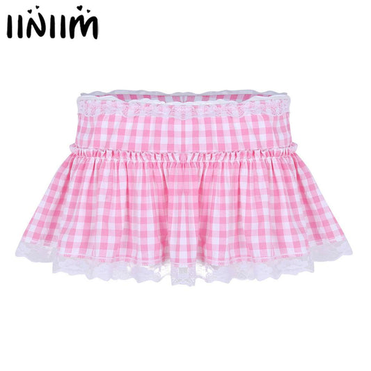 US STOCK Womens School Girls Gleeing Skirt Short Gingham Miniskirt with Lace Hem Pleated Sissy Mens Cosplay A-line Mini Skirt