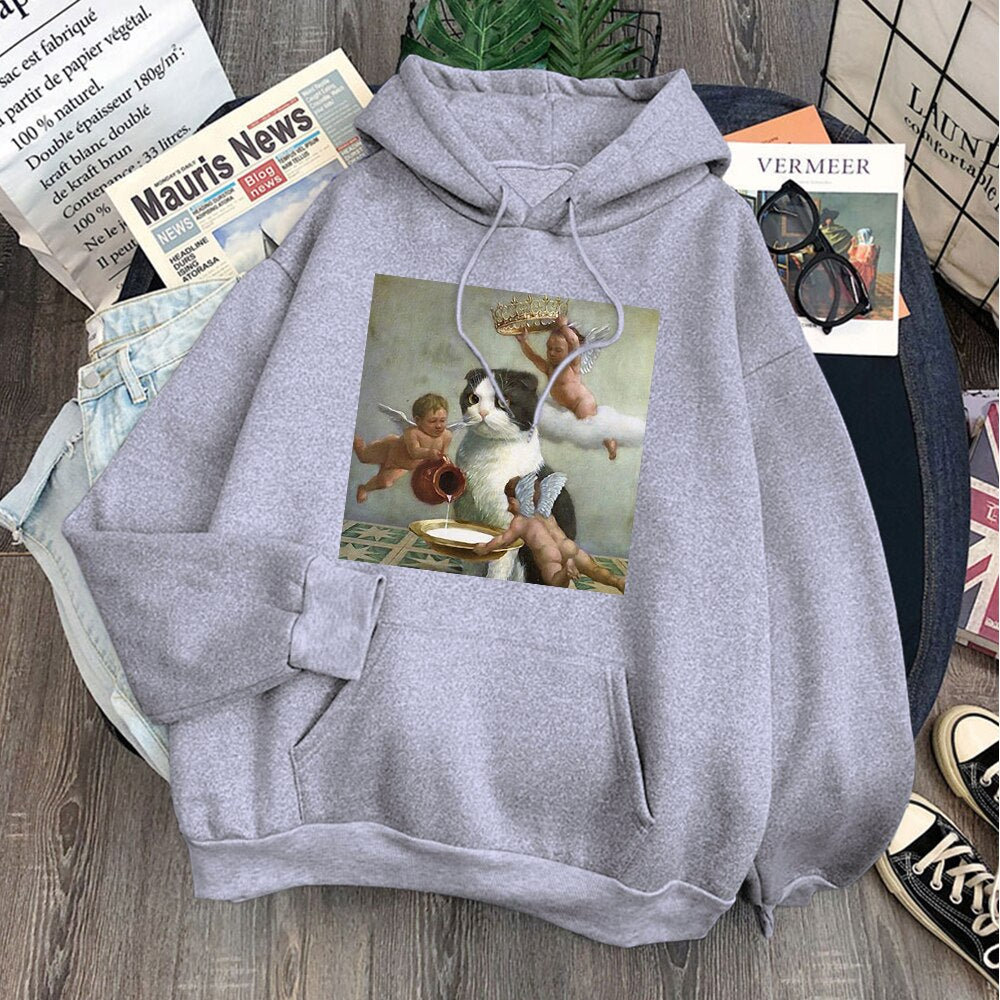 Cat And Angel Kawaii Comic Prints Woman Hooded Hip Hop Simple Hoody Comfort And Leisure Hoodie Spring 2021 Trendy Women Hoodies