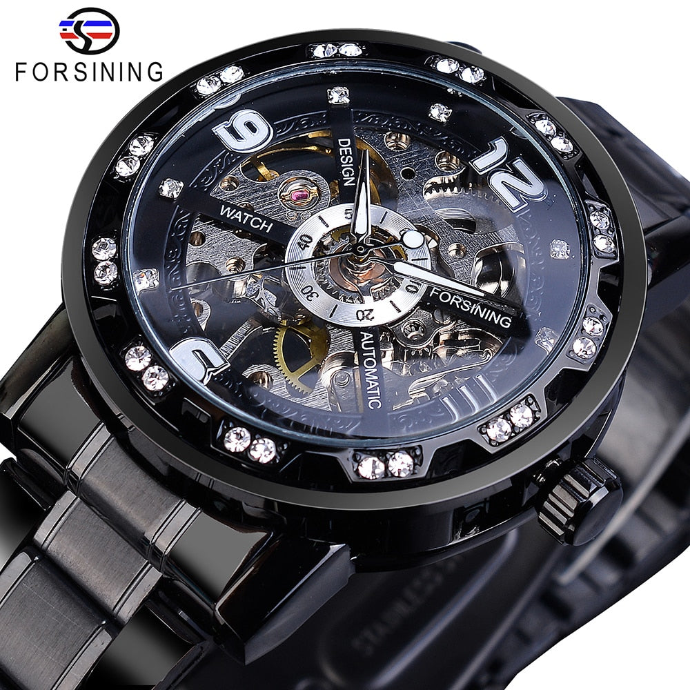 Forsining Fashion Diamond Golden Sliver Skeleton Mechanical Watch Stainless Steel Luminous Men Watches Sport Business Wristwatch