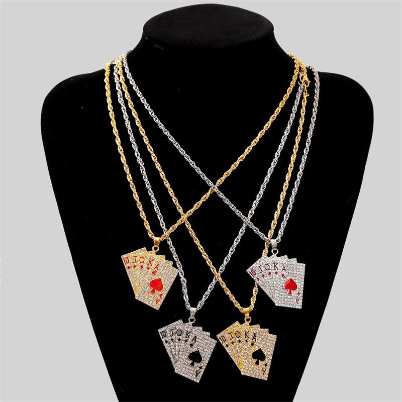 Hip Hop Jewelry Women Men Statement Enamel Playing Cards Pendants Necklaces Hip Hop Jewelry Fashion Gold Silver Color Necklace