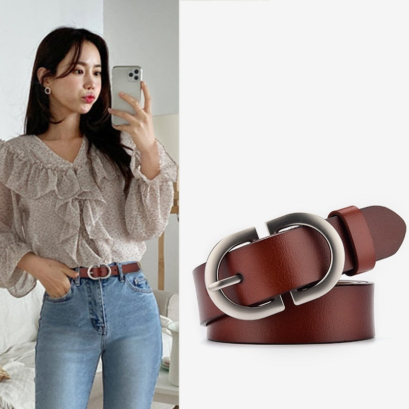 Women's Belt Genuine Leather ladies fashion metal round buckle belt jeans wild luxury brand belts for womenLD032