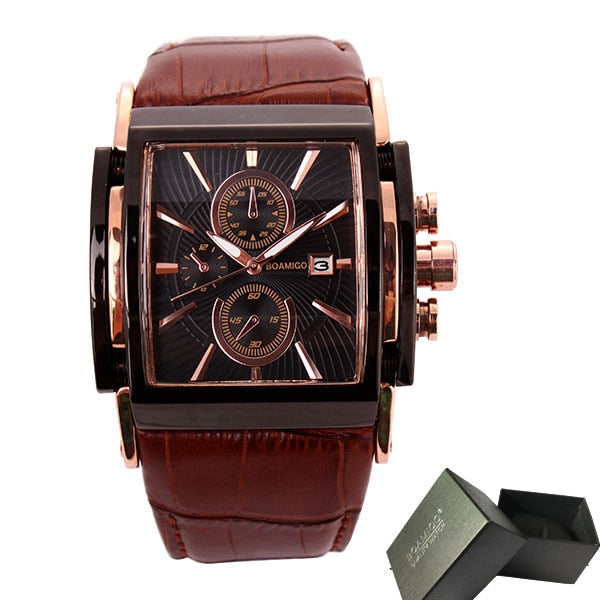 BOAMIGO men quartz watches large dial fashion casual sports watches rose gold sub dials clock brown leather male wrist watches