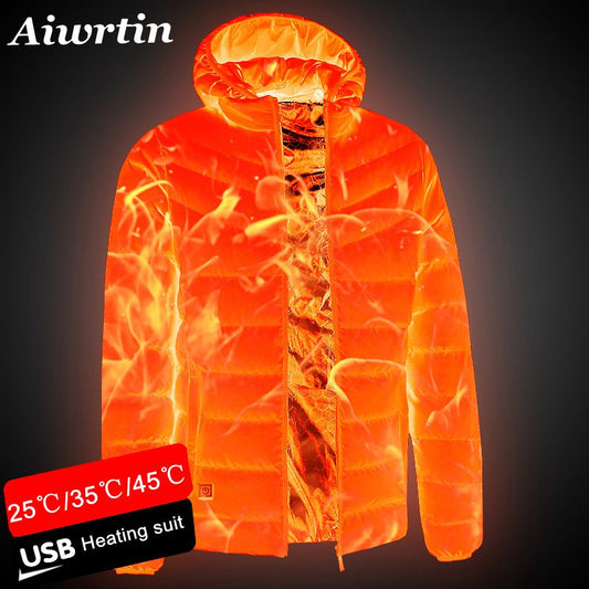 NEW Men Heated Jackets Outdoor Coat USB Electric Battery Long Sleeves Heating Hooded Jackets Warm Winter Thermal Clothing