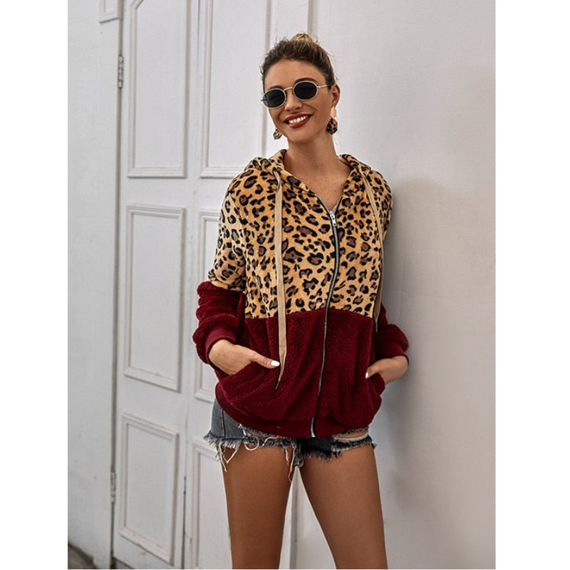 New Leopard Patchwork Women Teddy Coat Autumn Hooded Fluffy Plush Winter Faux Fur Jacket Coat Women Coat Fur Sweater Hoodie