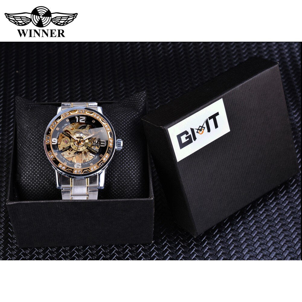 Forsining Fashion Diamond Golden Sliver Skeleton Mechanical Watch Stainless Steel Luminous Men Watches Sport Business Wristwatch