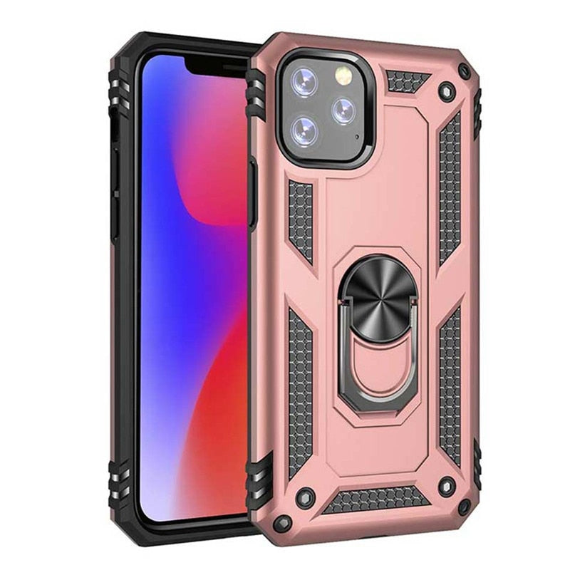 Shockproof Phone Case with 2pcs Glass For iphone 11 Pro XR X XS Max 7 8 6 6s Plus Full Cover Car Magnetic Ring Kickstand Cases