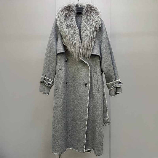 New 2021 Ladies Double-breasted Belted Genuine Wool Jacket Women&#39;s Long Trench Coat With Fox Fur Collar