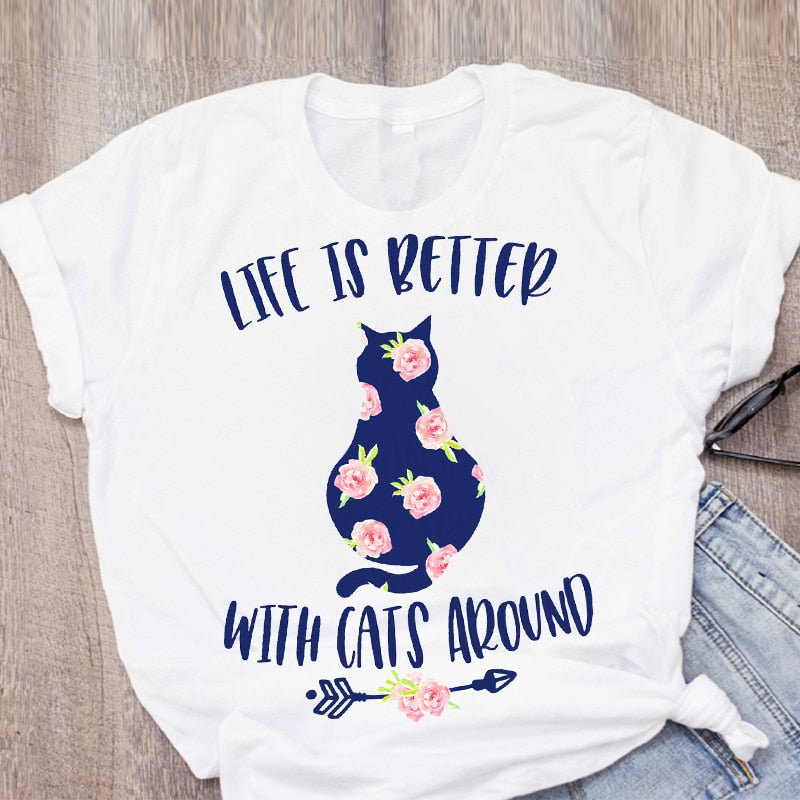 Women Cat Mother Flower Floral Pet Short Sleeve Fashion Print Summer Lady Womens Clothing Tops T-Shirt Shirt Tees Female T Shirt