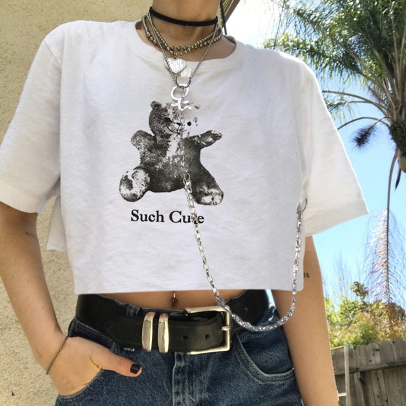 Rockmore Animals Printed Chain Tshirts Crop Tops Short Sleeve T Shirts Women White Streetwear Basic Tee Shirts Black