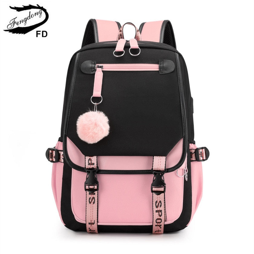 Fengdong large school bags for teenage girls USB port canvas schoolbag student book bag fashion black pink teen school backpack