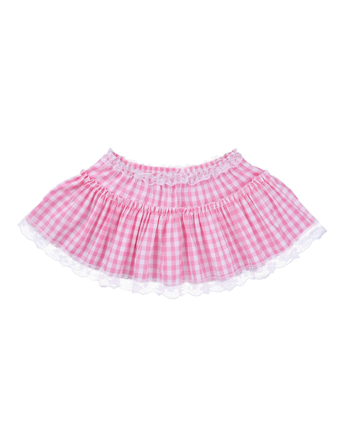 US STOCK Womens School Girls Gleeing Skirt Short Gingham Miniskirt with Lace Hem Pleated Sissy Mens Cosplay A-line Mini Skirt