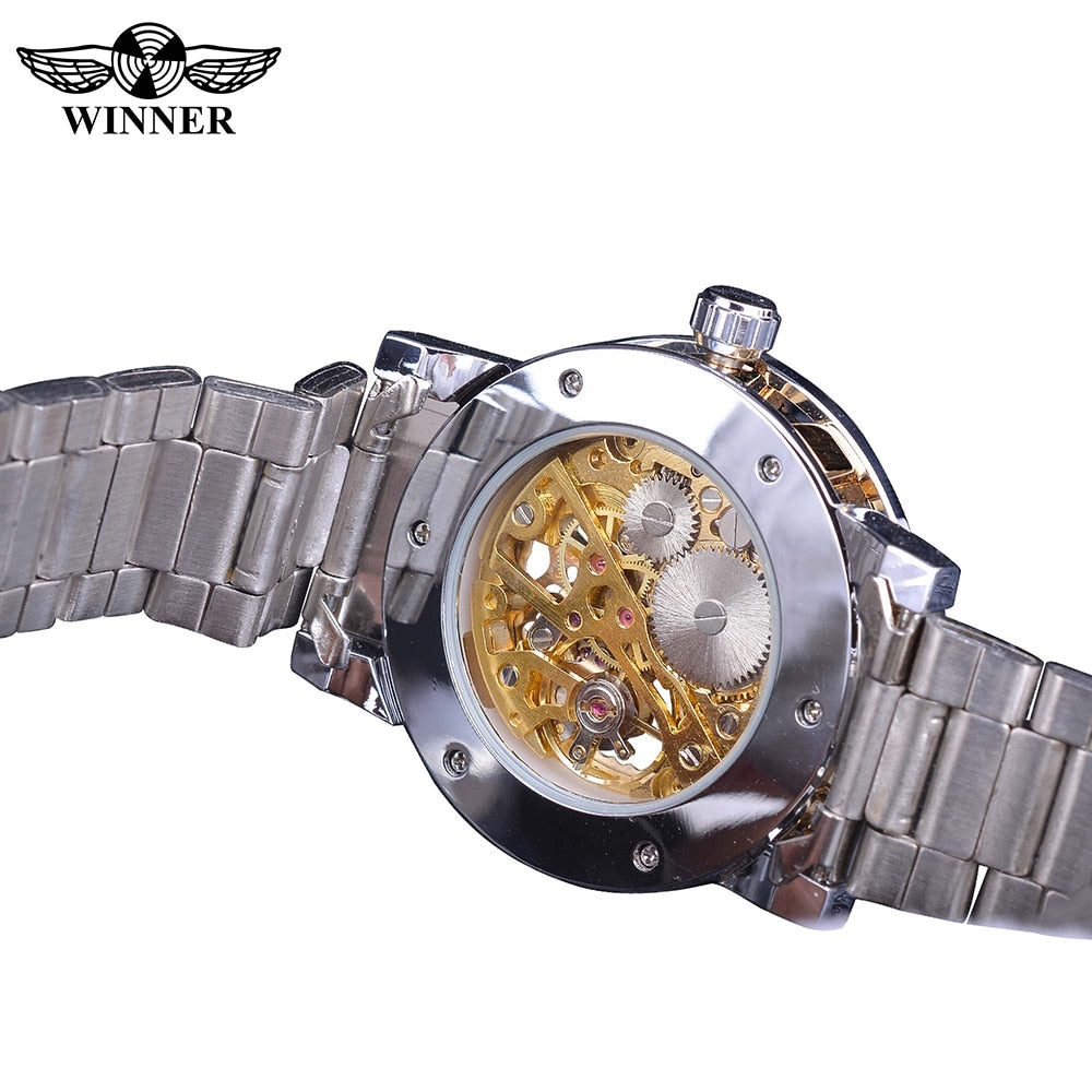 Forsining Fashion Diamond Golden Sliver Skeleton Mechanical Watch Stainless Steel Luminous Men Watches Sport Business Wristwatch