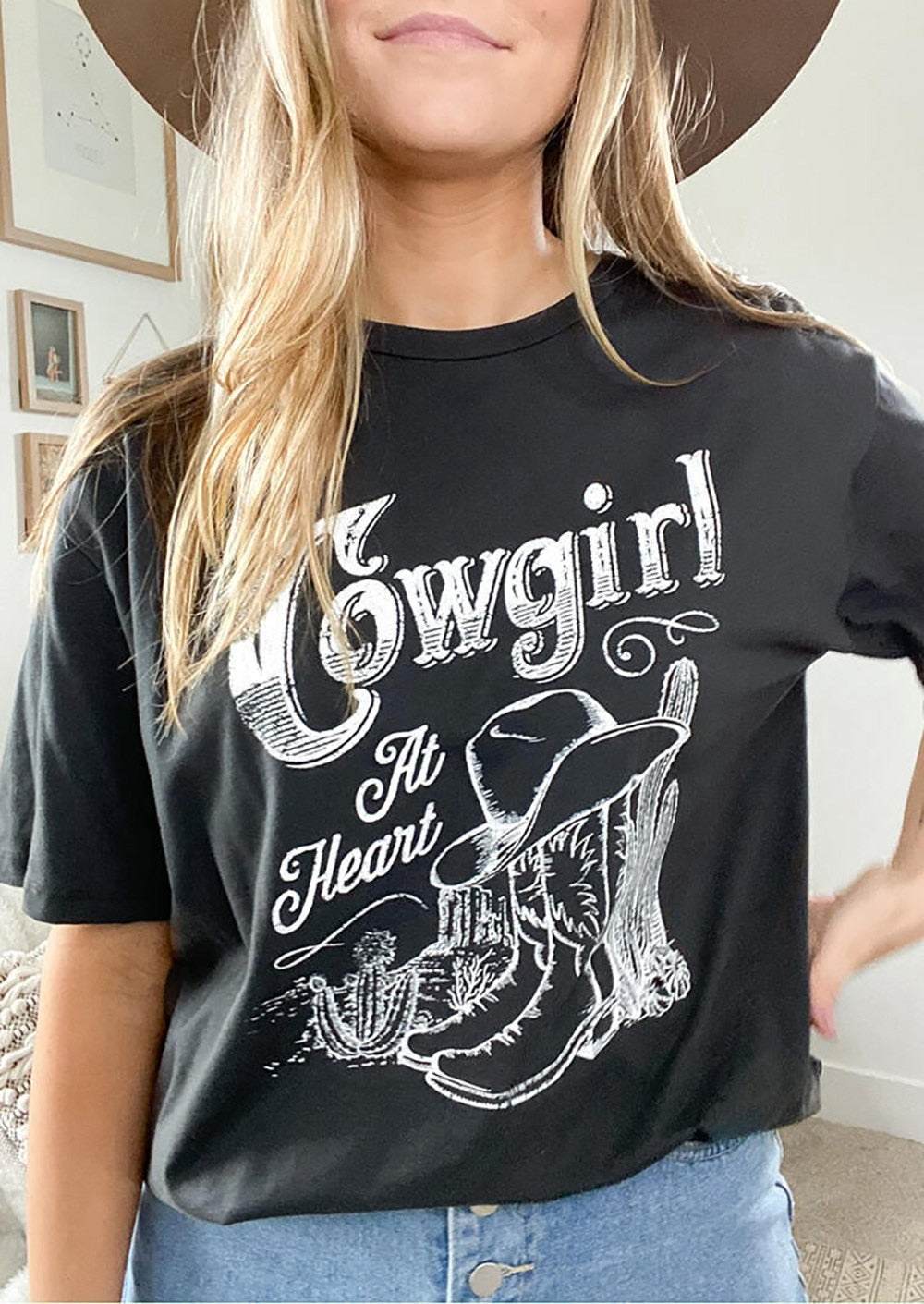 Cowgirl At Heart Print Summer Women Harajuku Tshirts Cute Cactus Hat Riding Boots Graphic Oversized Tops Female Vintage Clothes