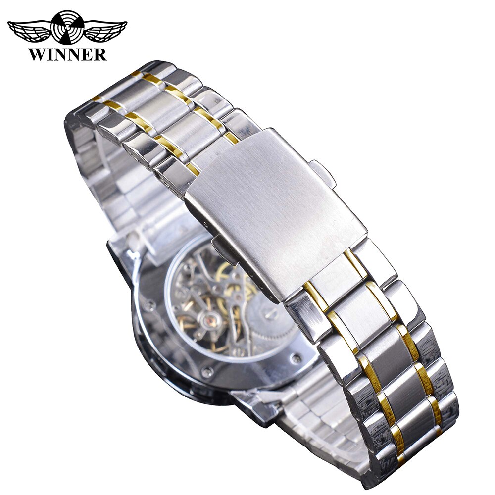 Forsining Fashion Diamond Golden Sliver Skeleton Mechanical Watch Stainless Steel Luminous Men Watches Sport Business Wristwatch