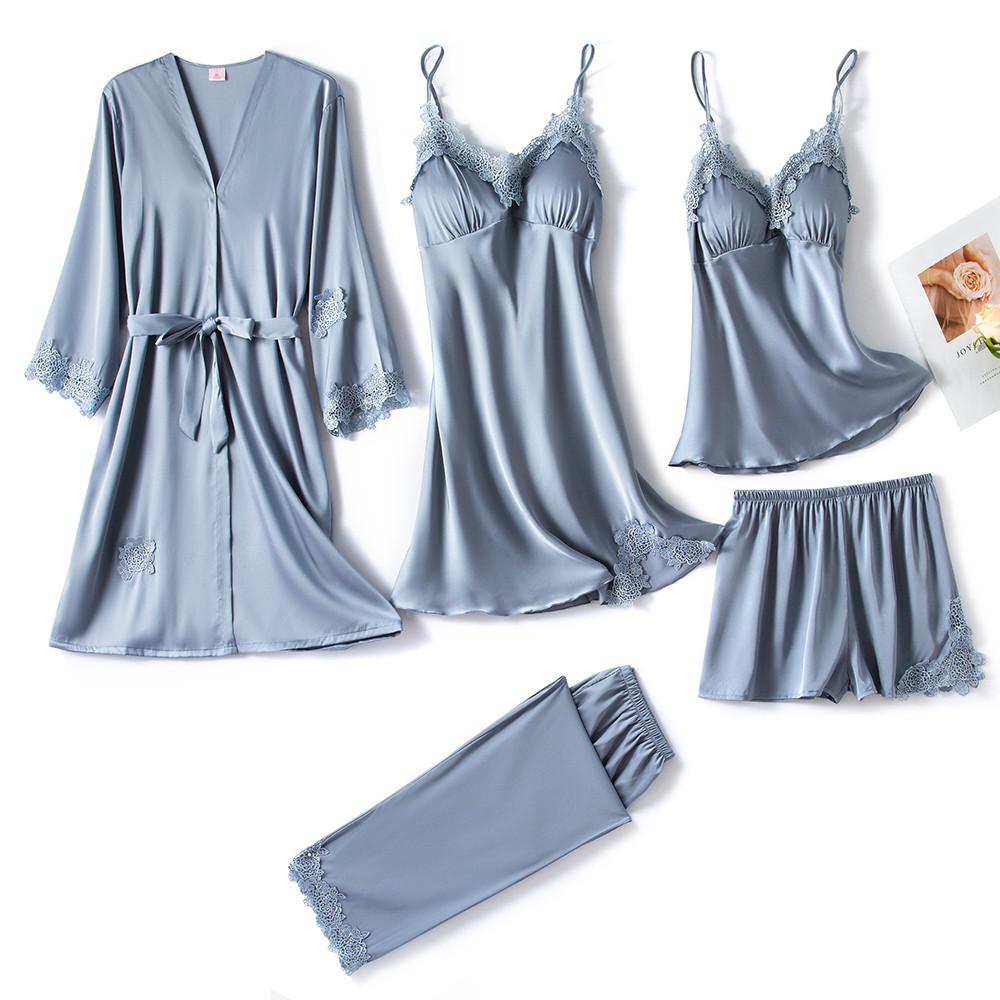 5PC Silk Robe Sleep Suit Womens Lace Satin Pajamas Gown Set V-Neck Cami Nighties Wear Pijama Home Nightwear Spring Nightdress