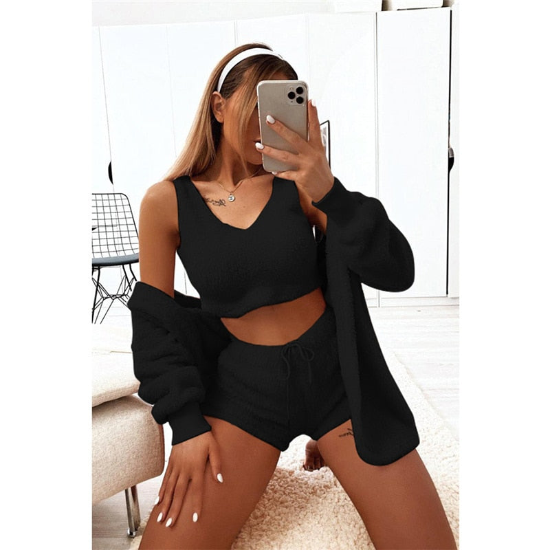 Adogirl 2020 Fall Winter Women Home Plush Suit 3 Piece Set Tank Crop Top Shorts Long Sleeve Cardigan Coat Casual Outfits