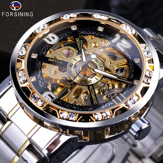 Forsining Fashion Diamond Golden Sliver Skeleton Mechanical Watch Stainless Steel Luminous Men Watches Sport Business Wristwatch