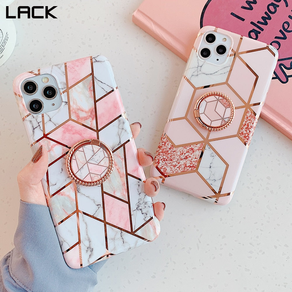 LACK Plating Geometric Marble Ring Stand Phone Case For iphone 13 Cute Flowers Cases For iphone 12Pro XR X XS 11 7 8Plus Cover