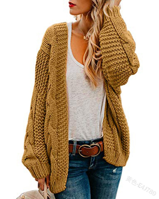 spring and autumn new thick needle twist knit cardigan women&#39;s mid-length solid color casual loose coat cardigan