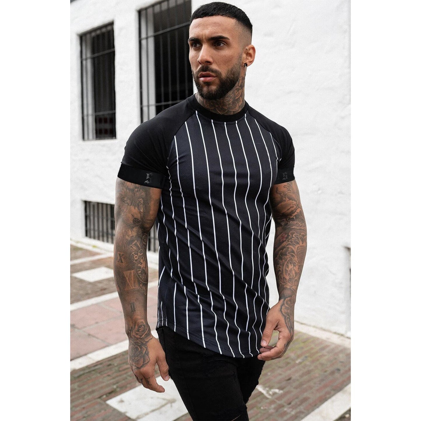 new brand men's stylish cool T-shirt, men's casual style striped hip-hop short sleeve street element printed top, wholesale