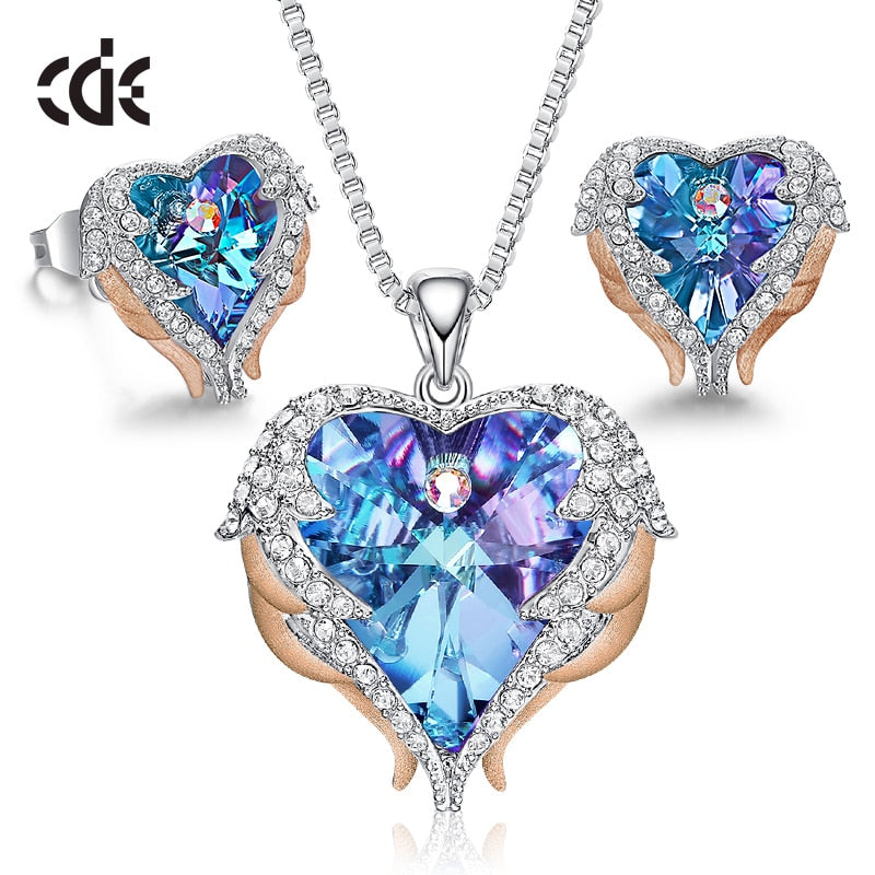 CDE Women Necklace Earrings Jewelry Set Embellished With Crystals Women Heart Pendant Stud Fashion Jewelry Gift