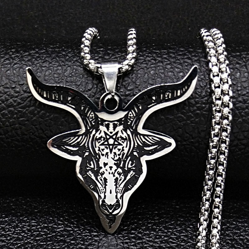 Stainless Steel Satan Sheep Head Necklace Jewelry Silver Color Statement Necklace for Men Jewelry cadenas para hombre N3261S03