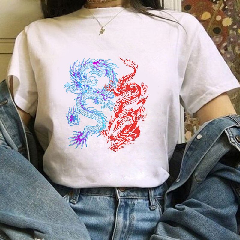 Summer Women T-shirt Dragon Pattern Printed Tshirts Casual Tops Tee Harajuku 90s Vintage White Tshirt Female Clothing