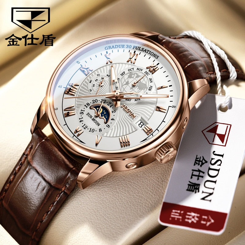 JSDUN Men&#39;s Mechanical Watch Luminous Leather Strap Waterproof Man Watch Top Brand Luxury Business Watch For Men Moonswatch 8909