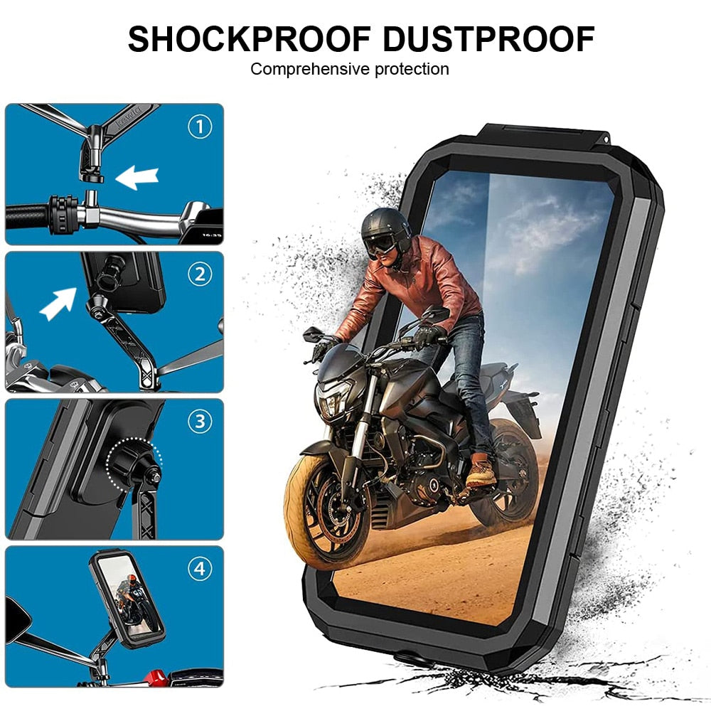 Waterproof Phone Case Bike Motorcycle Handlebar Rear View Mirror 3 to 6.8" Cellphone Mount Bag Motorbike Scooter Phone Stand