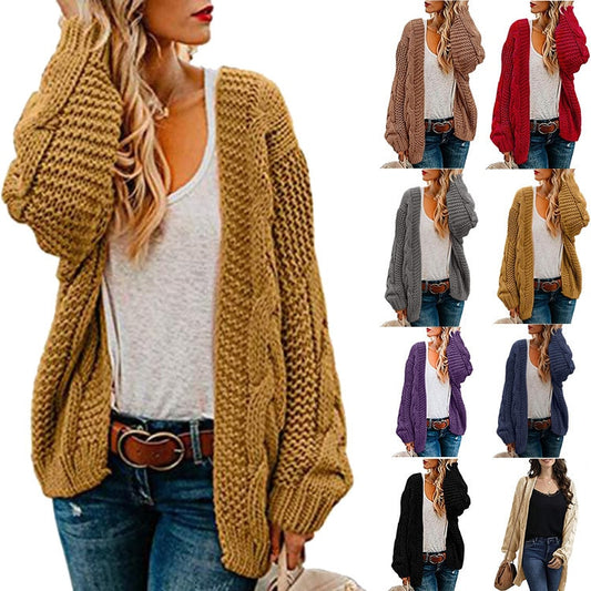 spring and autumn new thick needle twist knit cardigan women&#39;s mid-length solid color casual loose coat cardigan