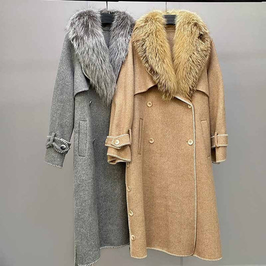 New 2021 Ladies Double-breasted Belted Genuine Wool Jacket Women&#39;s Long Trench Coat With Fox Fur Collar