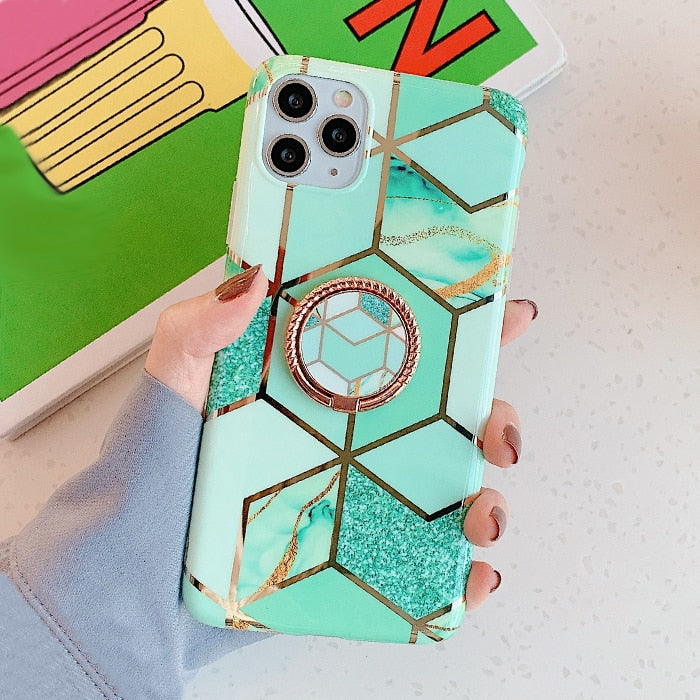 LACK Plating Geometric Marble Ring Stand Phone Case For iphone 13 Cute Flowers Cases For iphone 12Pro XR X XS 11 7 8Plus Cover