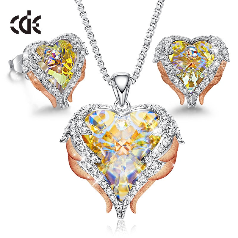 CDE Women Necklace Earrings Jewelry Set Embellished With Crystals Women Heart Pendant Stud Fashion Jewelry Gift