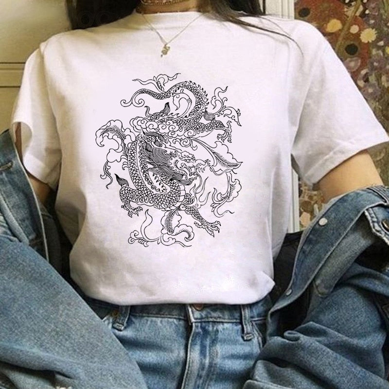 Summer Women T-shirt Dragon Pattern Printed Tshirts Casual Tops Tee Harajuku 90s Vintage White Tshirt Female Clothing