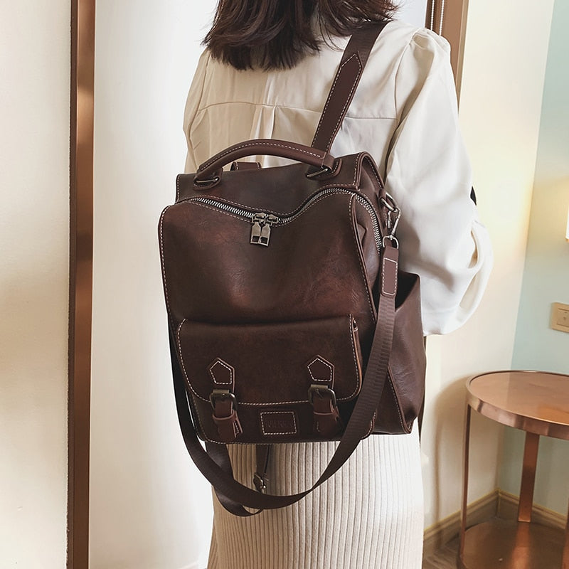 Preppy Large Capacity Pu Leather Women Backpack Fashion College School Bag Backpacks Vintage Classic Double Shoulder Bag Mochila