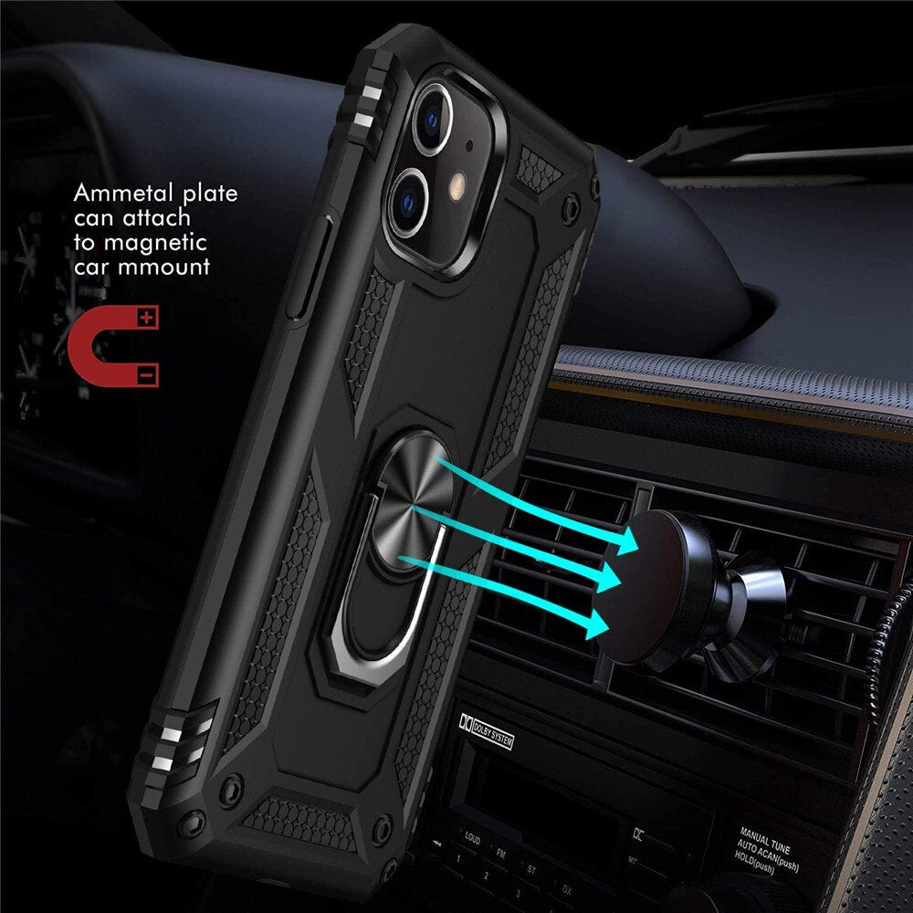 Shockproof Phone Case with 2pcs Glass For iphone 11 Pro XR X XS Max 7 8 6 6s Plus Full Cover Car Magnetic Ring Kickstand Cases