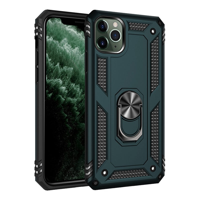 Shockproof Phone Case with 2pcs Glass For iphone 11 Pro XR X XS Max 7 8 6 6s Plus Full Cover Car Magnetic Ring Kickstand Cases