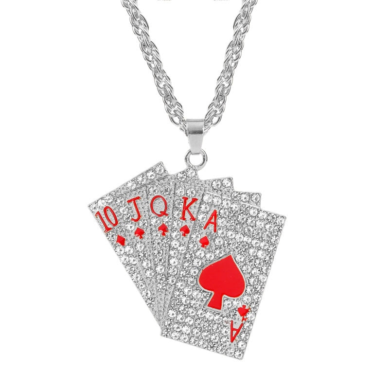 Hip Hop Jewelry Women Men Statement Enamel Playing Cards Pendants Necklaces Hip Hop Jewelry Fashion Gold Silver Color Necklace