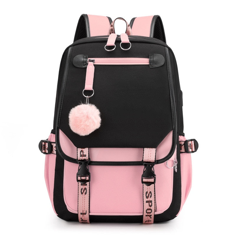 Fengdong large school bags for teenage girls USB port canvas schoolbag student book bag fashion black pink teen school backpack