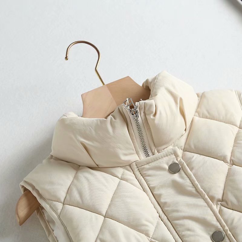 2022 Stand Collar Zipper Pocket Women's Vest Autumn Winter Diamond Cotton Vest Jacket Female Jackets Autumn Spring Women Warm