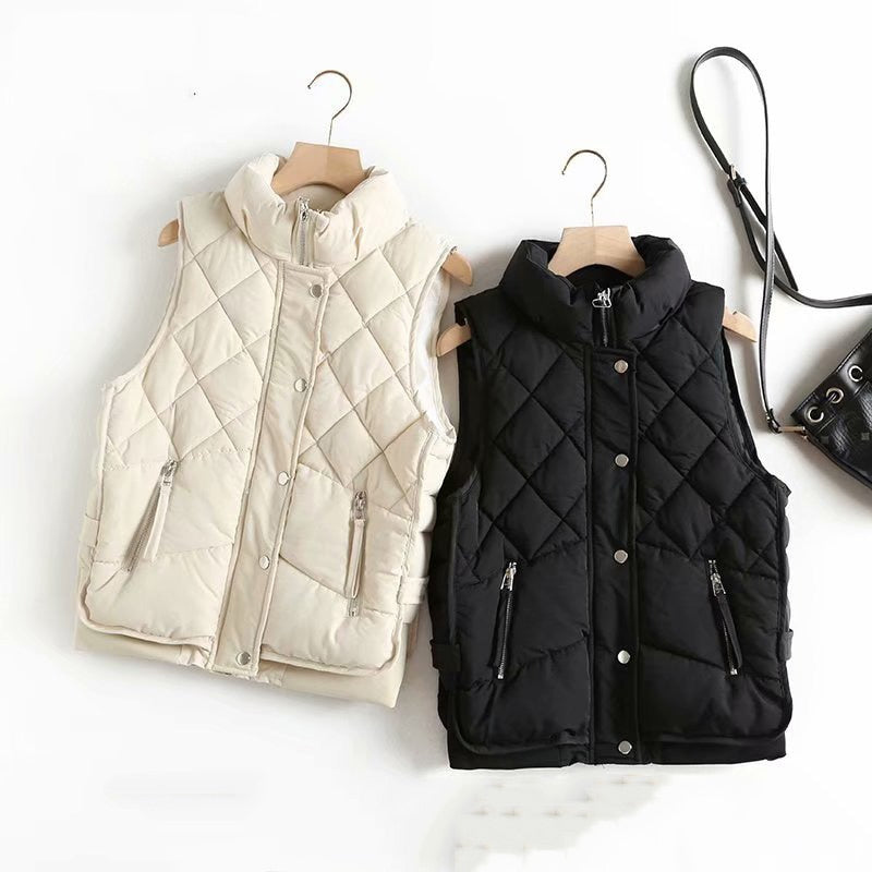 2022 Stand Collar Zipper Pocket Women's Vest Autumn Winter Diamond Cotton Vest Jacket Female Jackets Autumn Spring Women Warm